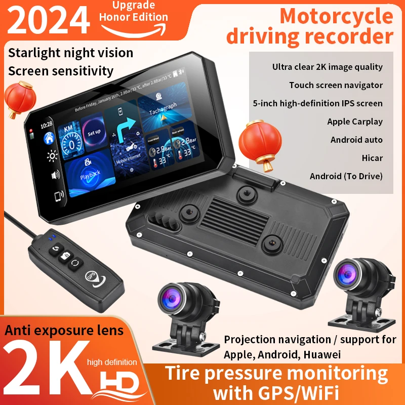 5 Inch Waterproof Motorcycle Navigation Dashcam 2K Android Auto Carplay,2 Cameras Motorbike Dvr Tyre Pressure Monitoring