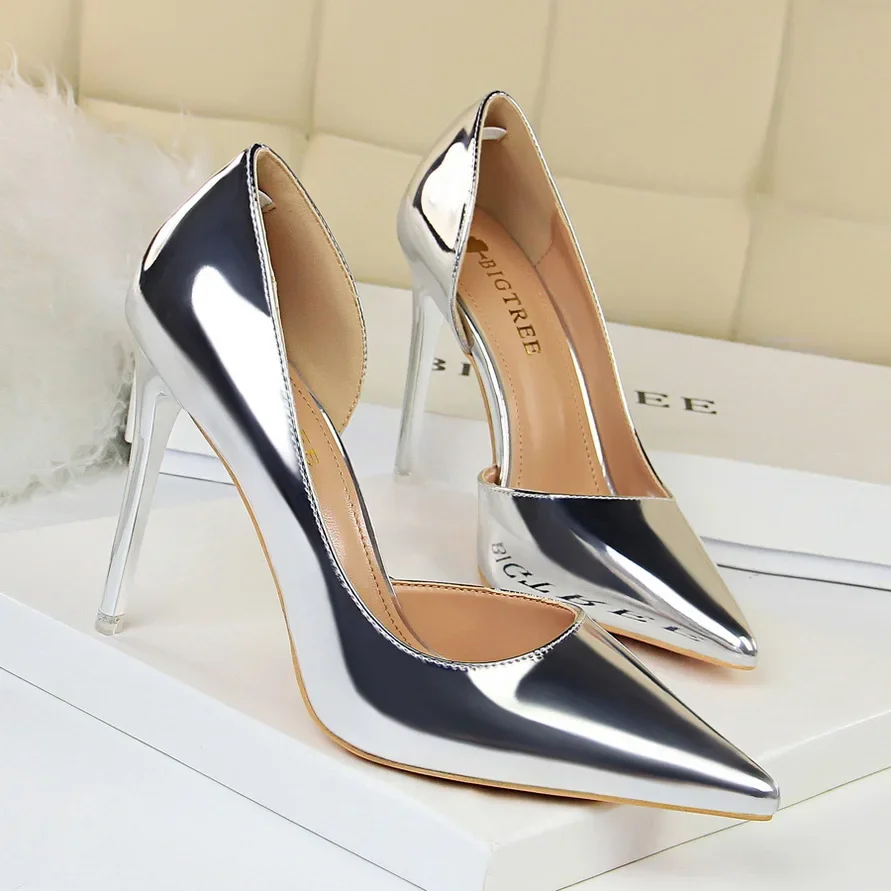 Women 10.5cm High Heels Pumps Lady Stripper Metallic Leather Scarpins Wedding Stiletto Heels Party Silver Champagne Gold Shoes