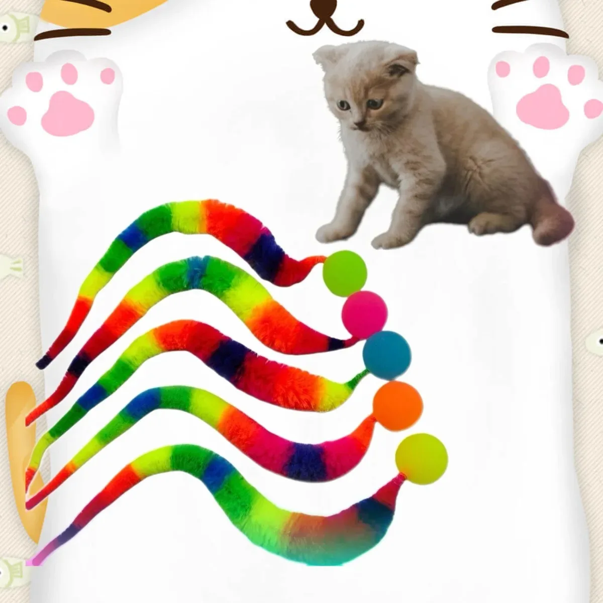 3-teiliges Ball-Set mit Schwanz Interaktives Katzenspielzeug Regenbogen-Zauberwurm mit Ball Spielzeug für Katzen Farbenfrohe Bälle Katzenspielzeug (Zufällige Farbe)