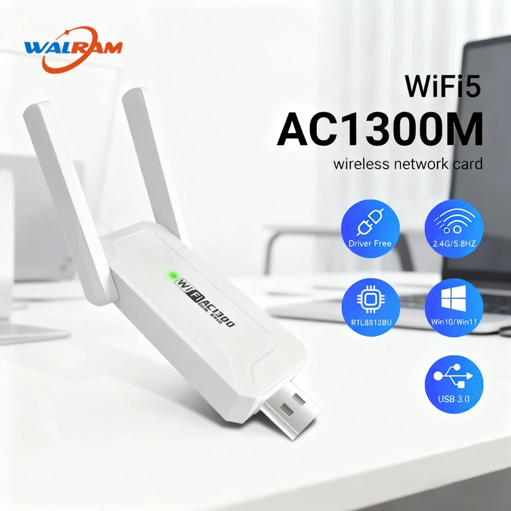 WALRAM 1300Mbps محول USB لاسلكي واي فاي 5 ثنائي النطاق 5G 2.4G USB3.0 BT5.0 واي فاي هوائي دونغل بطاقة الشبكة لاستقبال Win10/11