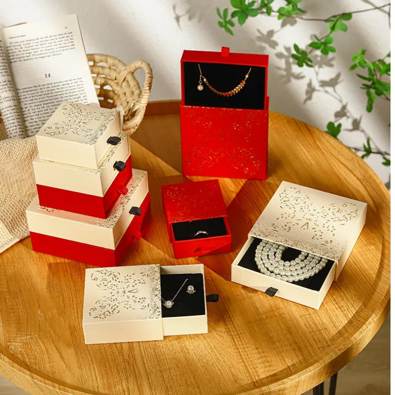 Ring Storage Box Premium Necklace Storage Box Hollow Emboss Jewelry Box Soft-Lined For Drawer Organizer Jewelry Gift Packaging