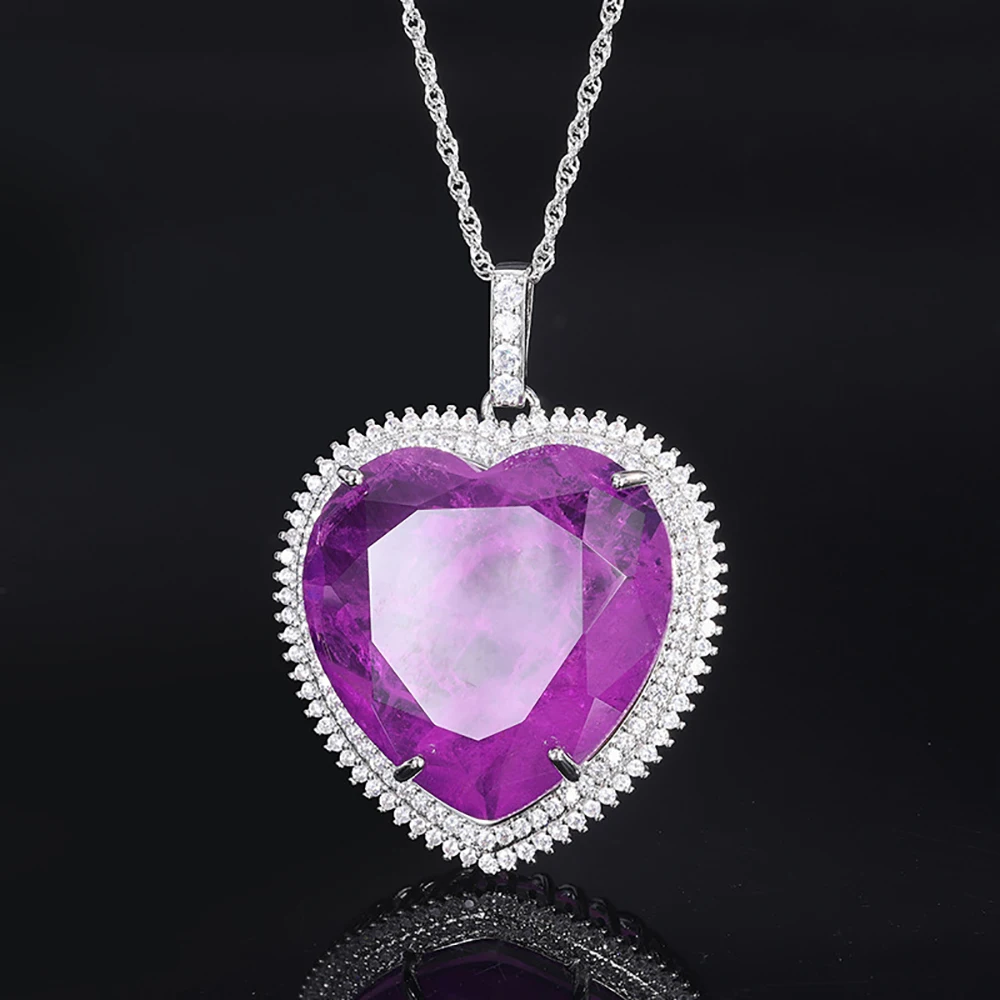 Vintage 32*32mm Heart-Shaped Pink Quartz Amethyst Paraiba Tourmaline Pendant Necklace for Women Gemstone Party Fine Jewel Gift
