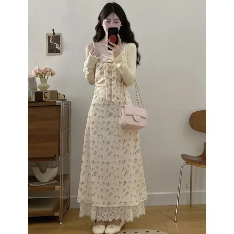 French Apricot Sweet And Fresh Floral Suspender Dress 2026 Spring And Summer New Top Cardigan Two-piece Set Skirt