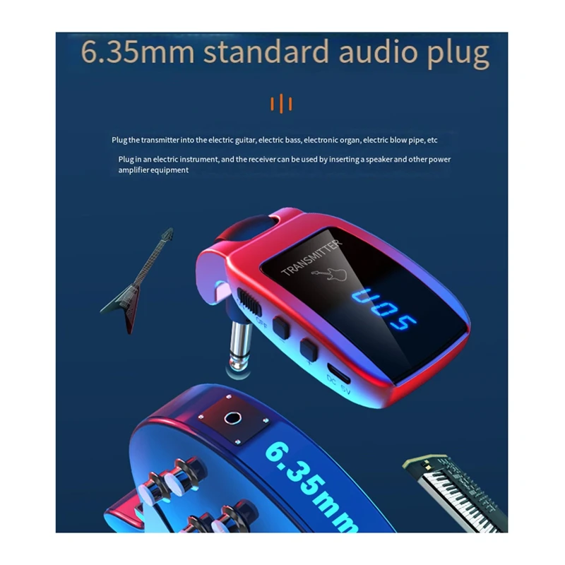 ระบบกีตาร์ไร้สายแบบชาร์จไฟได้หน้าจอ LED UHF ไร้สายกีตาร์เครื่องส่งสัญญาณสําหรับกีตาร์ไฟฟ้า