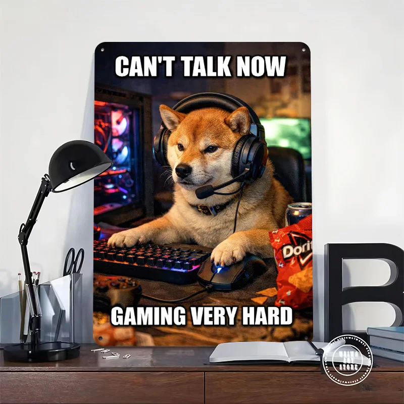 Dog Gamer With Headset and Doritos Poster Retro 3D Printed Metal Signs Customized Wall Hanging Gift for Bathroom Decor Room Art