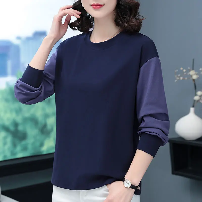 

2024 Spring Autumn Women's New Splicing Pullover O-Neck Contrast Color Fashion Loose Minimalist Casual Long Sleeve Sweatshirts