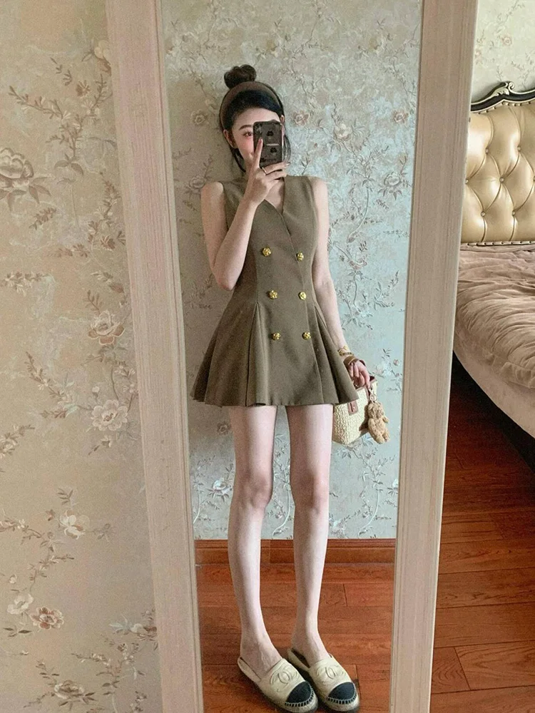 

Элегантный женский костюм с V-образным вырезом, приталенный, с эффектом высокого качества, укороченный жилет и короткая юбка, летний, в корейском стиле, из чистого материала.