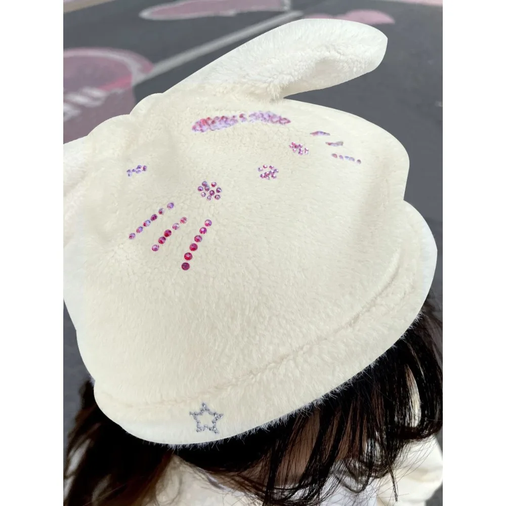 New Kawaii Hello Kitty Diamond  Plush Knitted Hat Girly Heart Sweet Outdoor Student Autumn Winter All-match Casual Warm Cap Gift