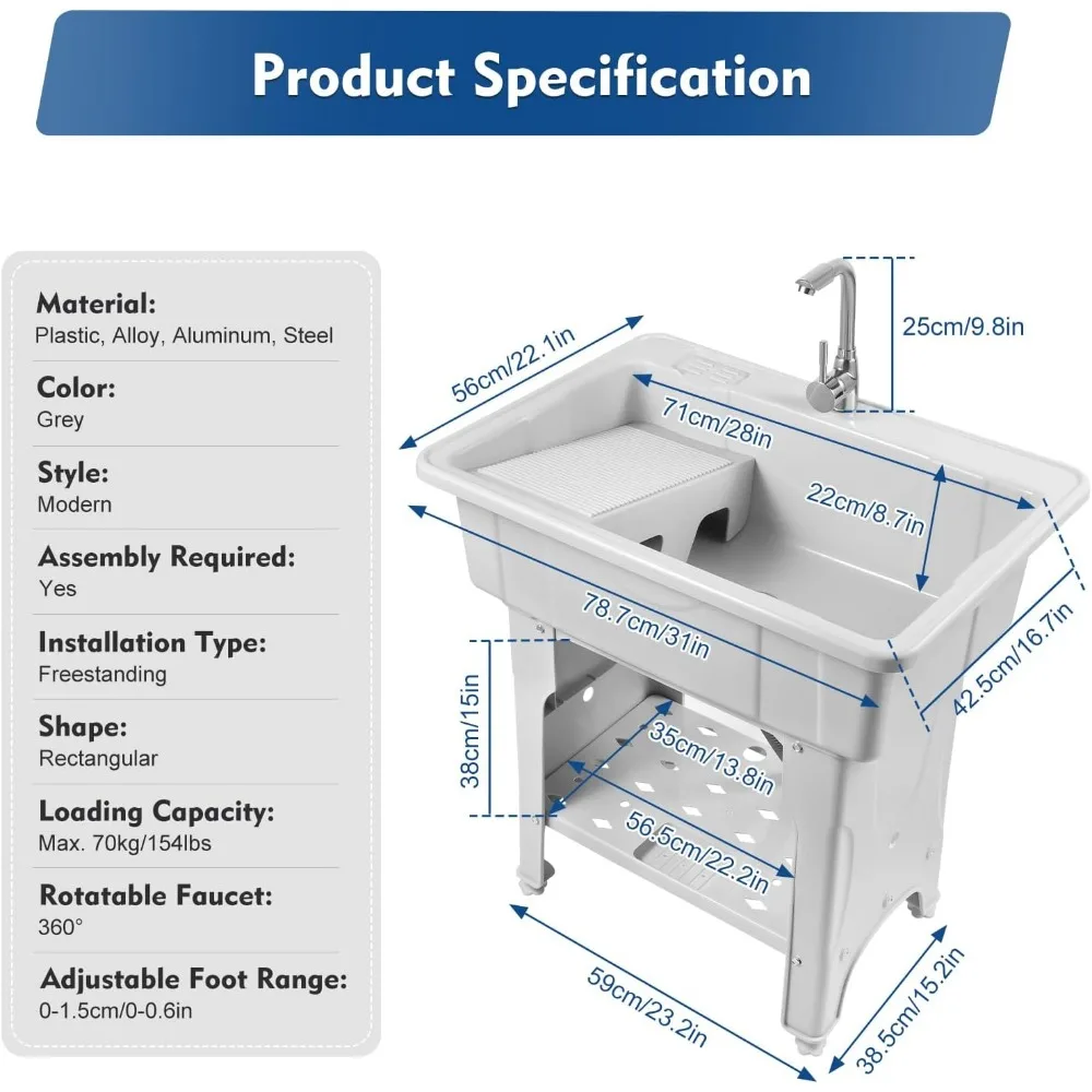 Freistehendes graues Waschbecken mit Ablagefach und Waschbrett für geräumige Nutzräume