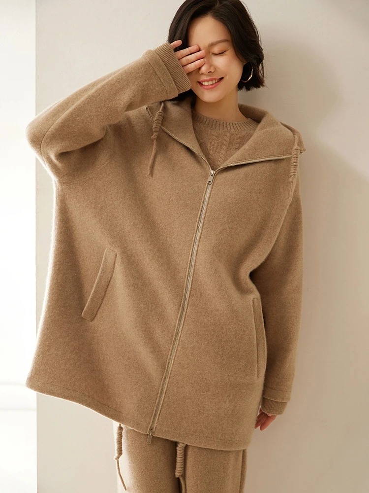 Thick Warm Women 100% Cashmere Long Hooded Cardigan Casual Zipper Cashmere Sweater Autumn Winter Heavyweight Hoodie Long Coat