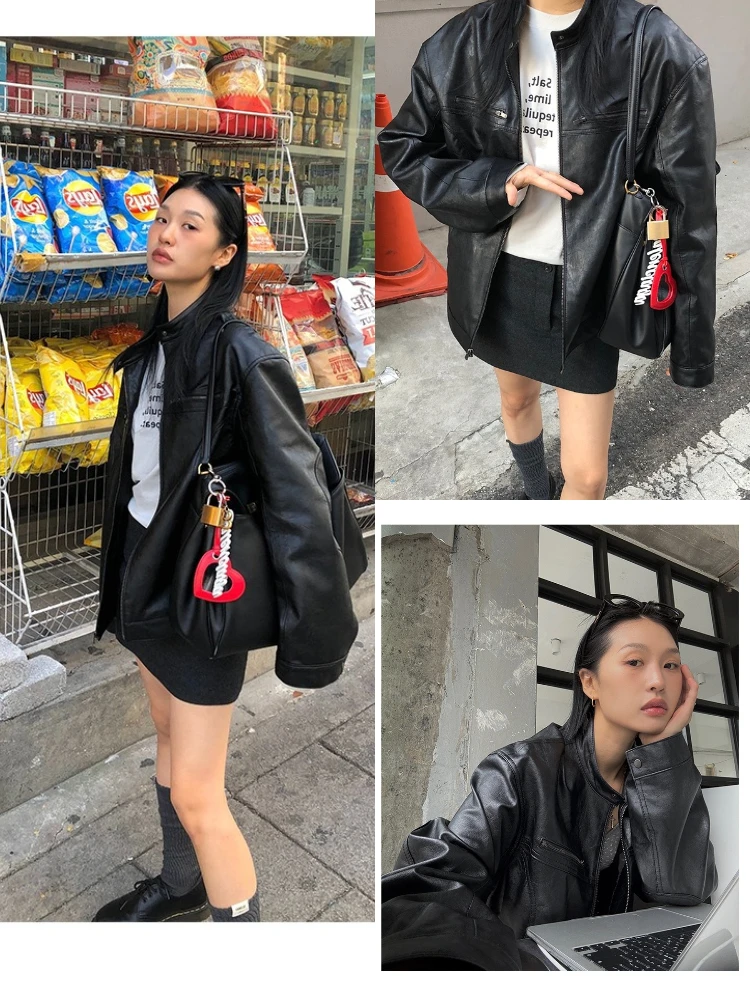 الشارع Sle فضفاض المرأة بلا الوقوف طوق السائق Jaet ريترو كول طويل Sve سستة بولي معطف معطف جلد الخريف Faion