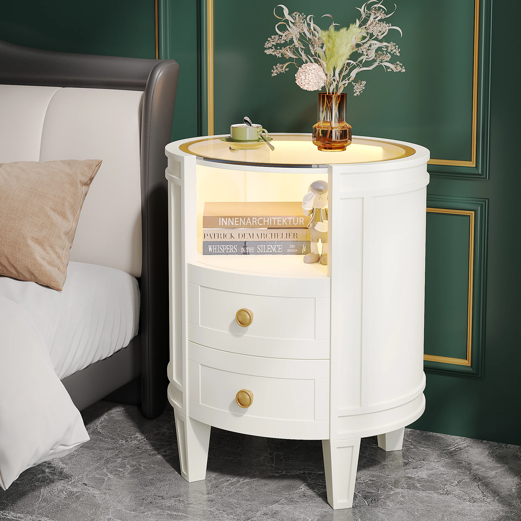 Tribesigns 2-Drawer Nightstand with Glass Tabletop, Modern White Oval LED Nightstands, No Assembly Required