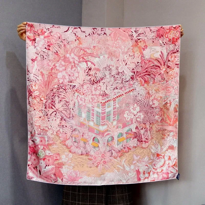 High-end Elegant Women Exquisite Sintra Garden Printed Quality 14MM Twill Silk Hand Rolled Edge Large Square Scarf Shawl