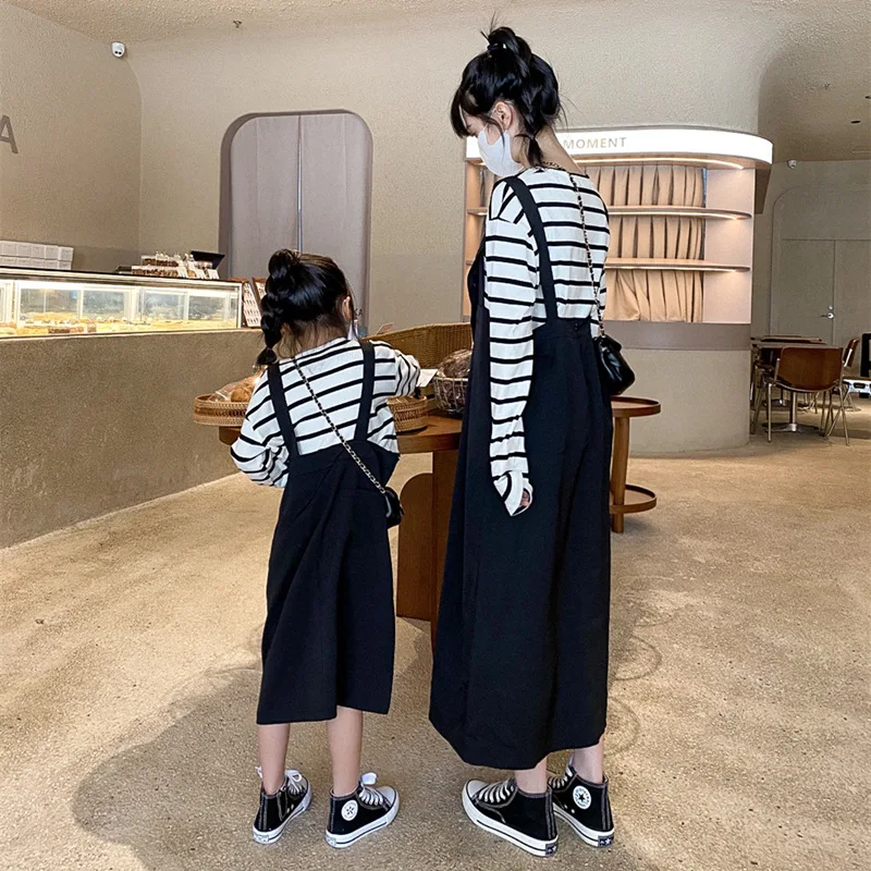 Mother And Kids Dress Mom Daughter Equal Long Sleeve t Shirts+Suspenders Dresses Two Piece Outfit Women Baby Girls Clothes Sets