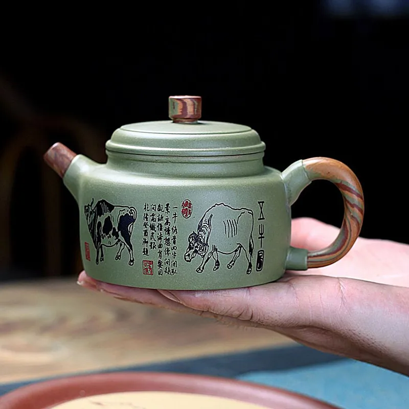 Authentic Yixing Purple Clay Teapot Raw Ore Bean Green Mud De Bell Pot Handmade Zisha Tea Set Filter Beauty Tea Infuser 230ml