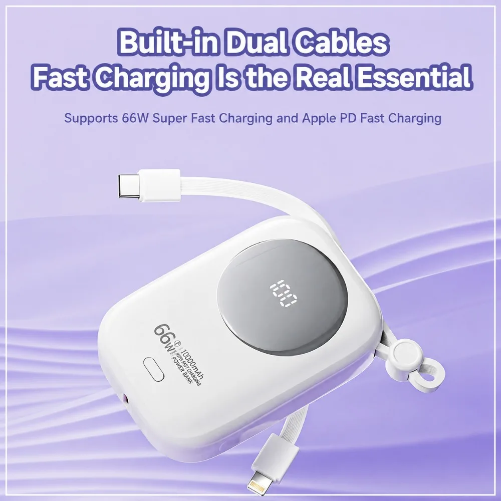 20000mAh 66W Super Fast Charging Portable Power Bank Built-in Cable Slim Compact Mobile Power Supply for Smartphone Daily Use