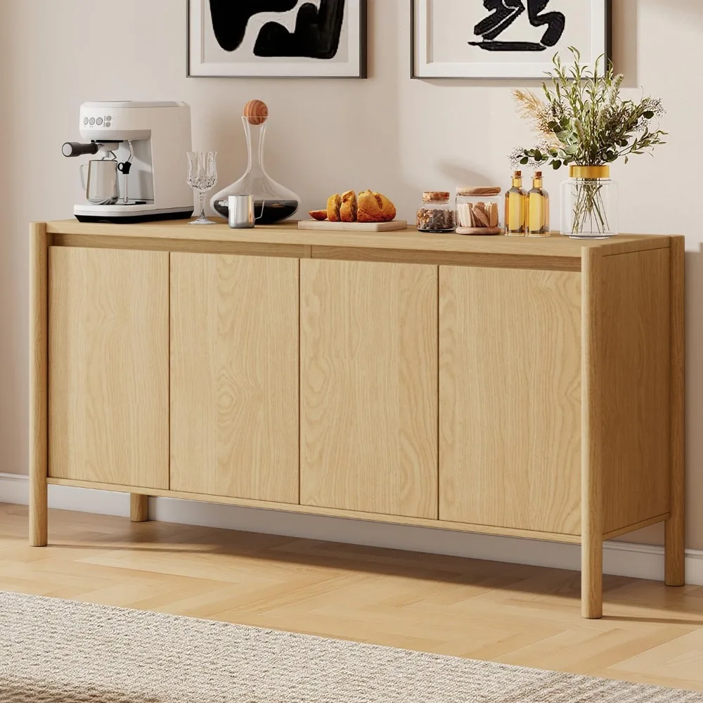 

Sideboard Cabinet - 59 Mid Century Buffet Storage Cabinet with 4 Doors, Adjustable Shelves, and 4 Solid Wood Round Legs-