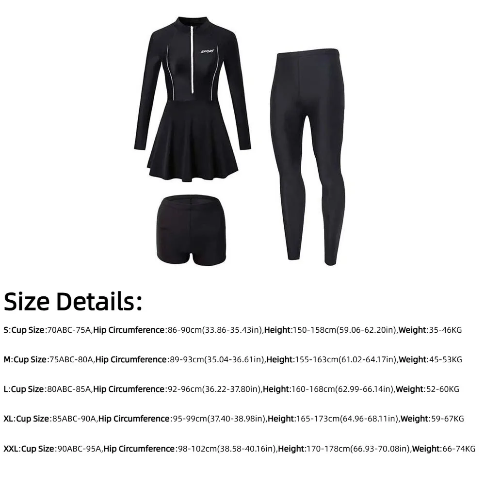 3pcs Fashion Beachwear Long Sleeve Swimsuit Sun Protection Tights Bikini Women Bathing Suit Black Smooth Beach Swim Skirts Pool