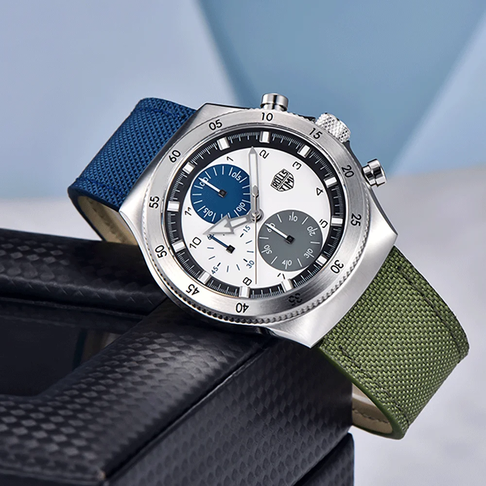 RollsTimi 2025 new men's watch luxury men's quartz watches fashion two-color nylon sports chronograph VD55 sapphire glass watch