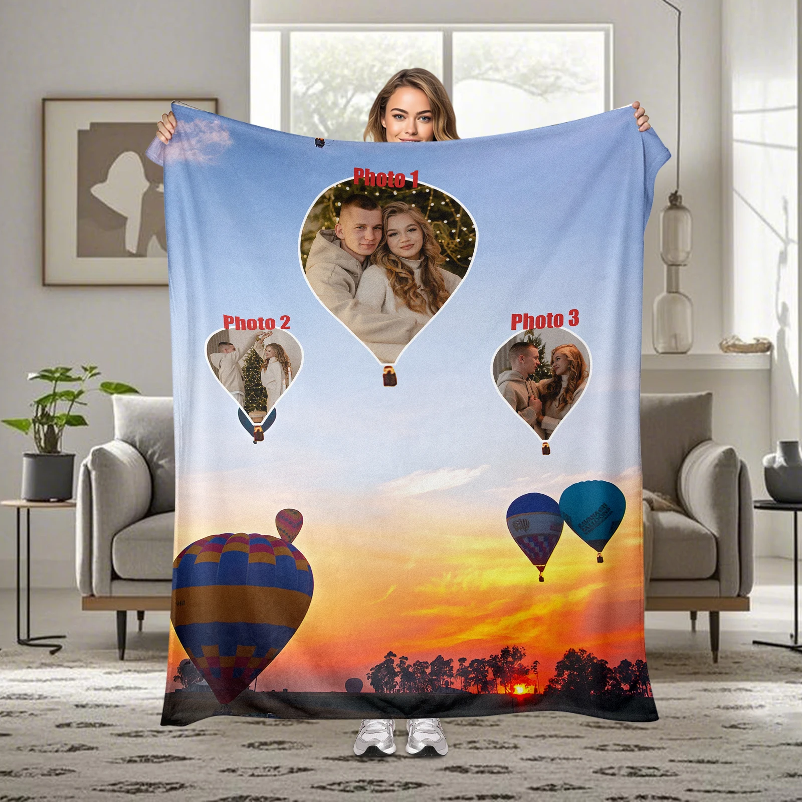 Hot Air Balloon Sunset Blanket Featuring Sky Trees And Golden Glow A Warm Embrace Of Evening Tranquility And Beauty