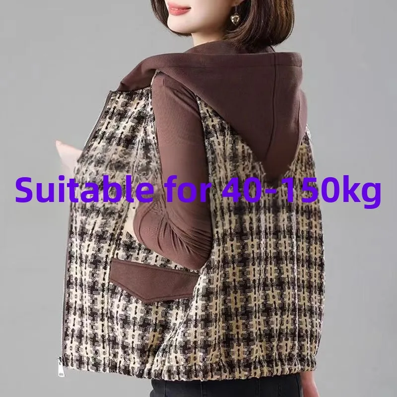 เสื้อกั๊กมีฮู้ดลายสก็อตไซส์ใหญ่สำหรับผู้หญิง เสื้อคลุมแฟชั่นปี 2025 สำหรับคุณแม่วัยกลางคน ทรงหลวม ไซส์ใหญ่พิเศษ เหมาะสำหรับใส่ไปทำงาน สไตล์จีน