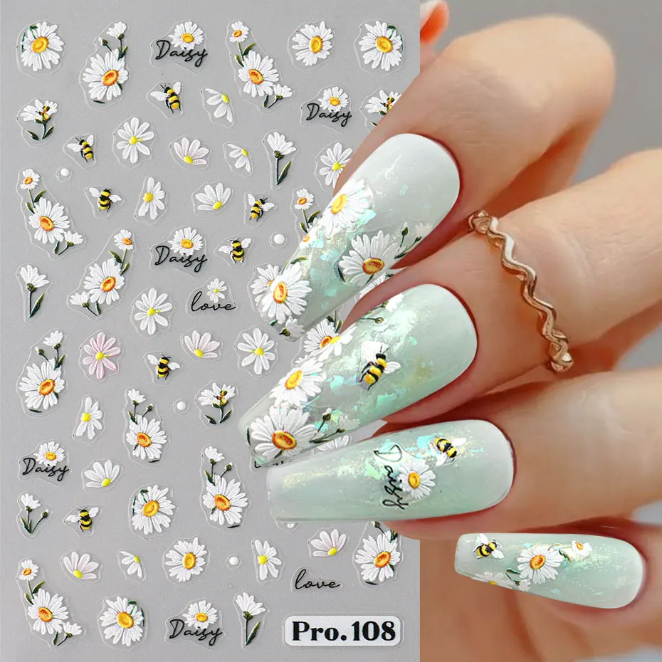 2pcs 5D Embossed Spring Daisy Nails Decals Cute Bee Ladybug Nail Stickers Blossom Petals Adhesive Charms Manicure Slider Decor
