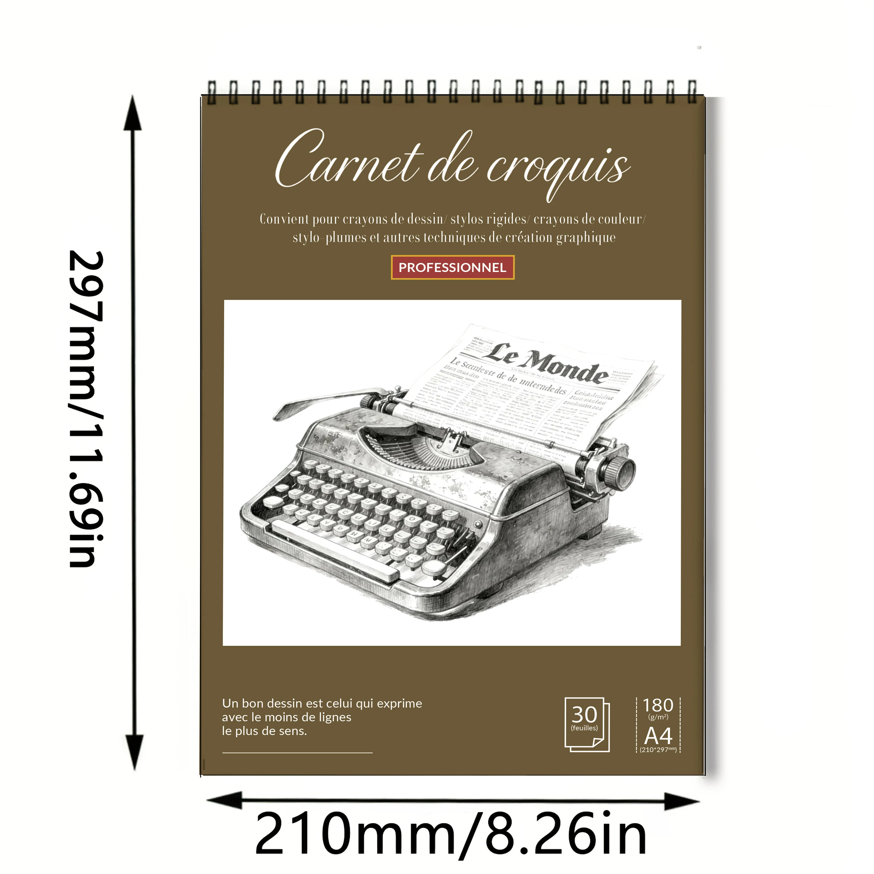 A4 Spiral-Bound Art Sketchbook & Watercolor Pad, 180GSM Heavyweight Paper, 30 Sheets, Vintage Typewriter Sketch Cover, Ideal