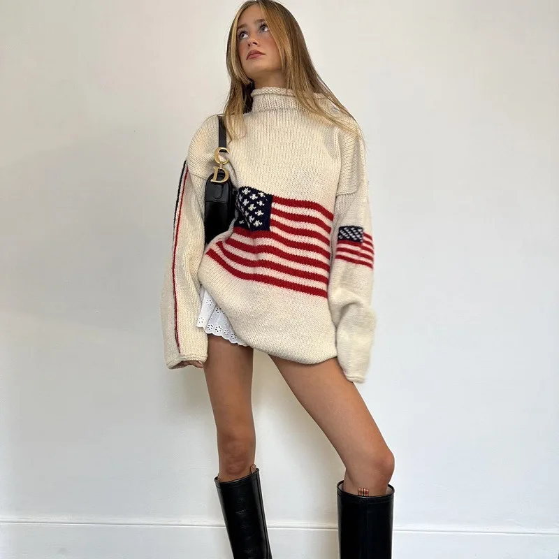 Y2K Women Winter Vintage Ladies Luxury American Flag Knit Sweater Aesthetics Long Sleeve Sweaters Oversize Pullover Tops Clothes