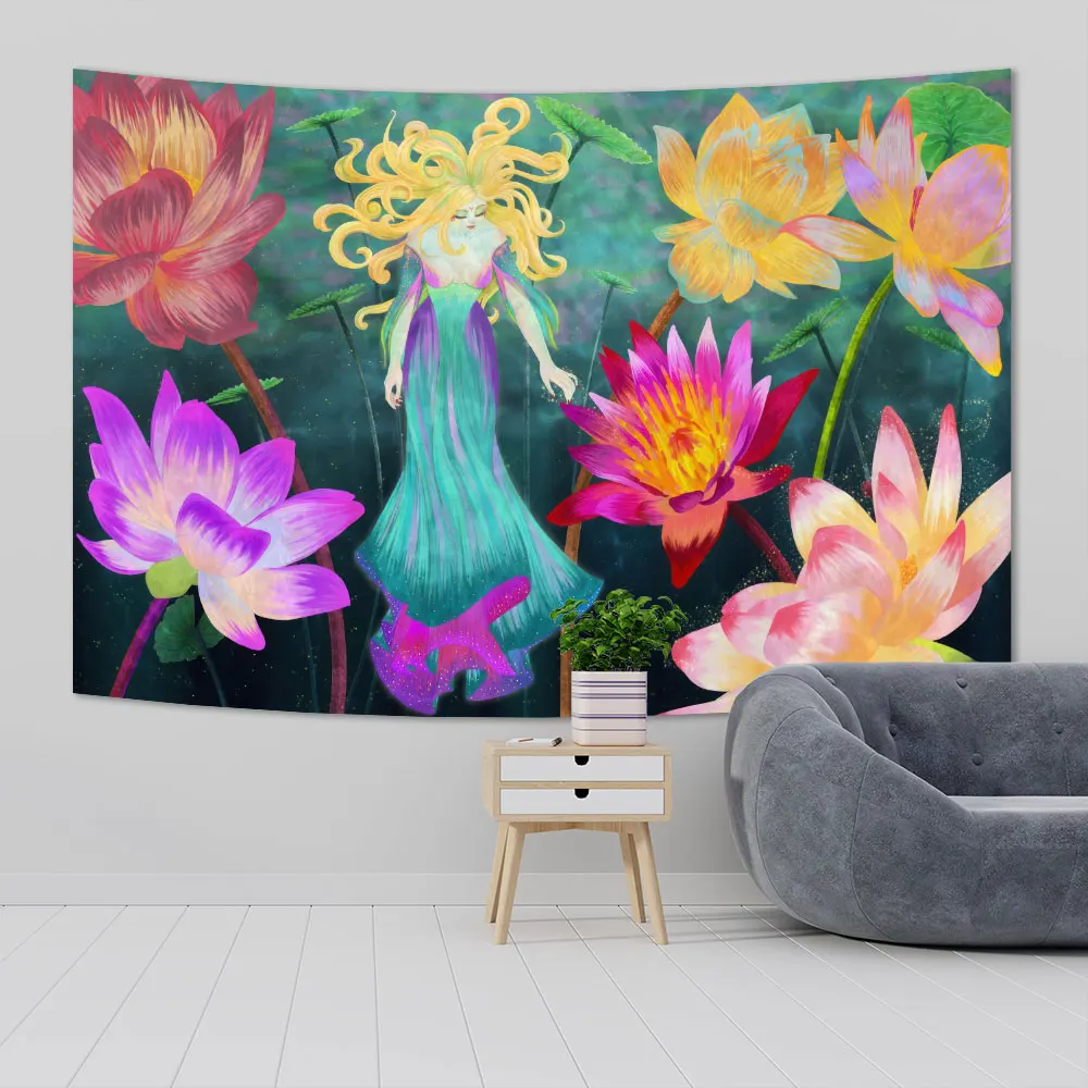 Lotus Ink Painting Wall Hanging Tapestries Psychedelic Background Cloths Bohemian Aesthetic Room Decor