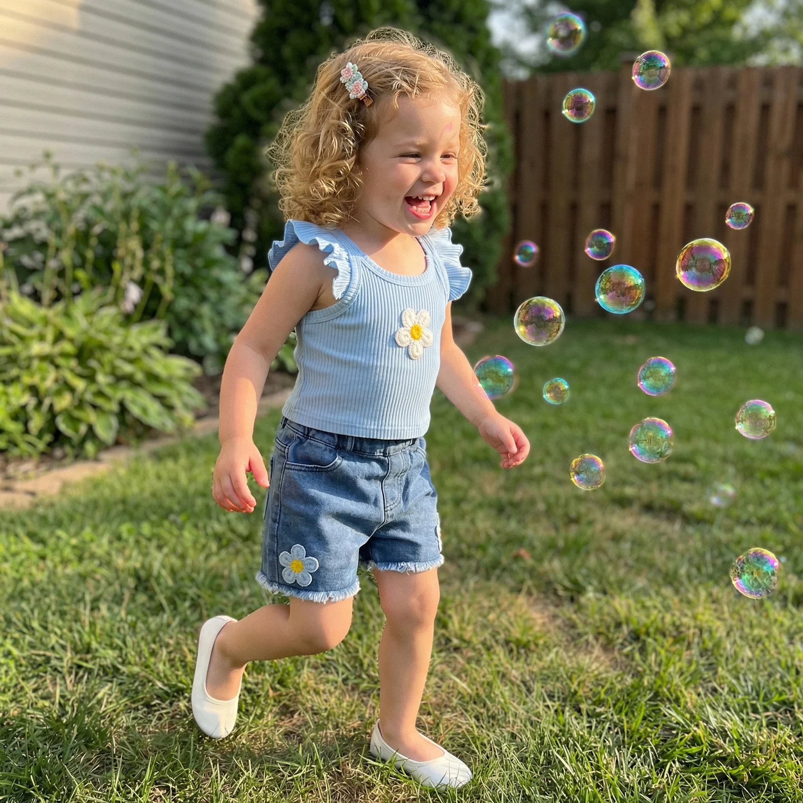 1-5Y Summer Kids Girls Shorts Set Ruffles Flower Camisole with Denim Shorts 2 piece Children's Outfit for Casual Daily