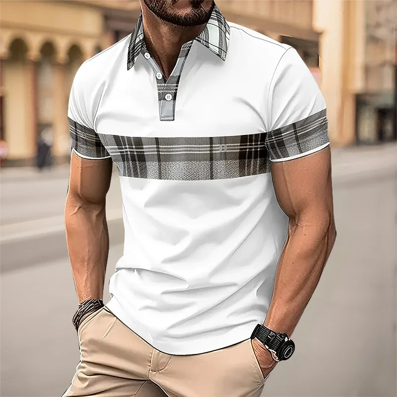 Men\'s POLO Shirt 3D Printed Plaid Pattern Button-down Shirt Summer Male Fashion Casual Business Style Oversized Golf Clothing