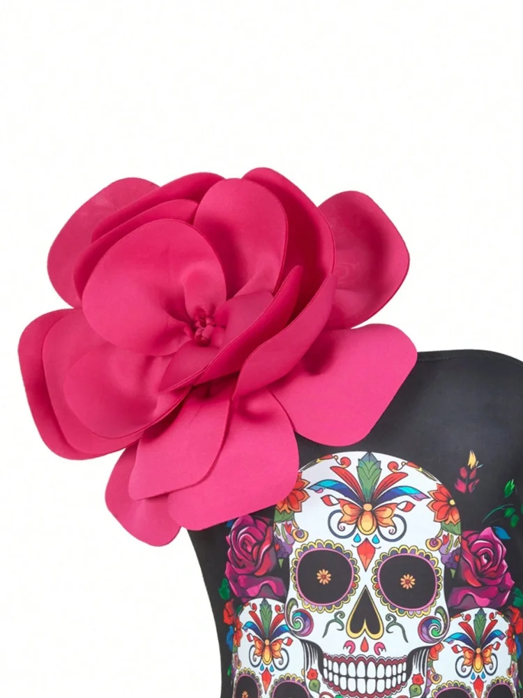 قطعة واحدة ملابس السباحة النسائية 2026 جديد الهيكل العظمي طباعة واحد الكتف الزهور ملابس الصيف Monokini بحر ثوب السباحة للإناث #5