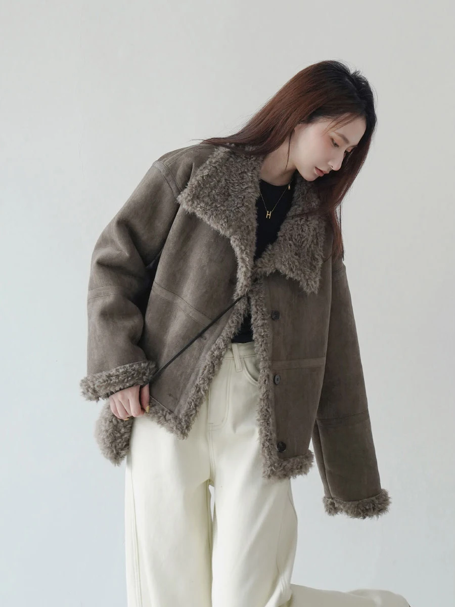 

2025 Autumn Winter New ort Thiened Fce Lined Casual Warm Deer Suede Leather Fur Inteated Stand Collar Coat for Women