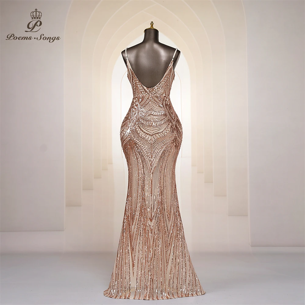 Sexy V-neck gold Mermaid Evening Dresses For Women Prom Dresses Maxi dress Party dress Beautiful Evening gowns robe de soiree