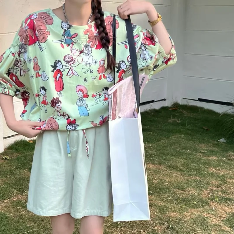 

Женская рубашка с короткими рукавами и цветочным принтом в стиле граффити, повседневная летняя рубашка-поло, свободный топ, серия Salt, ленивый внешний вид