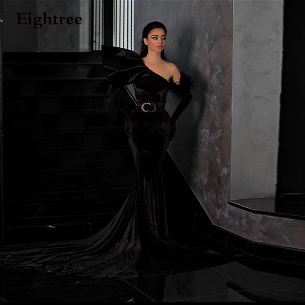 

Eightree Mordern Black Prom Dresses Velour Mermaid Long Train Pleat Sleeveless Evening Dress Robe De Soirée Party Grown 2023