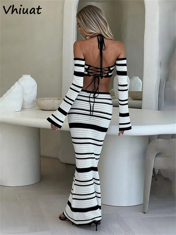 Vhiuat Summer Striped Knitted Beach Sexy Backless Bandage Tops Long Skirt Elegant Boho Outfits Vacation 2 Piece Dress Set 2024