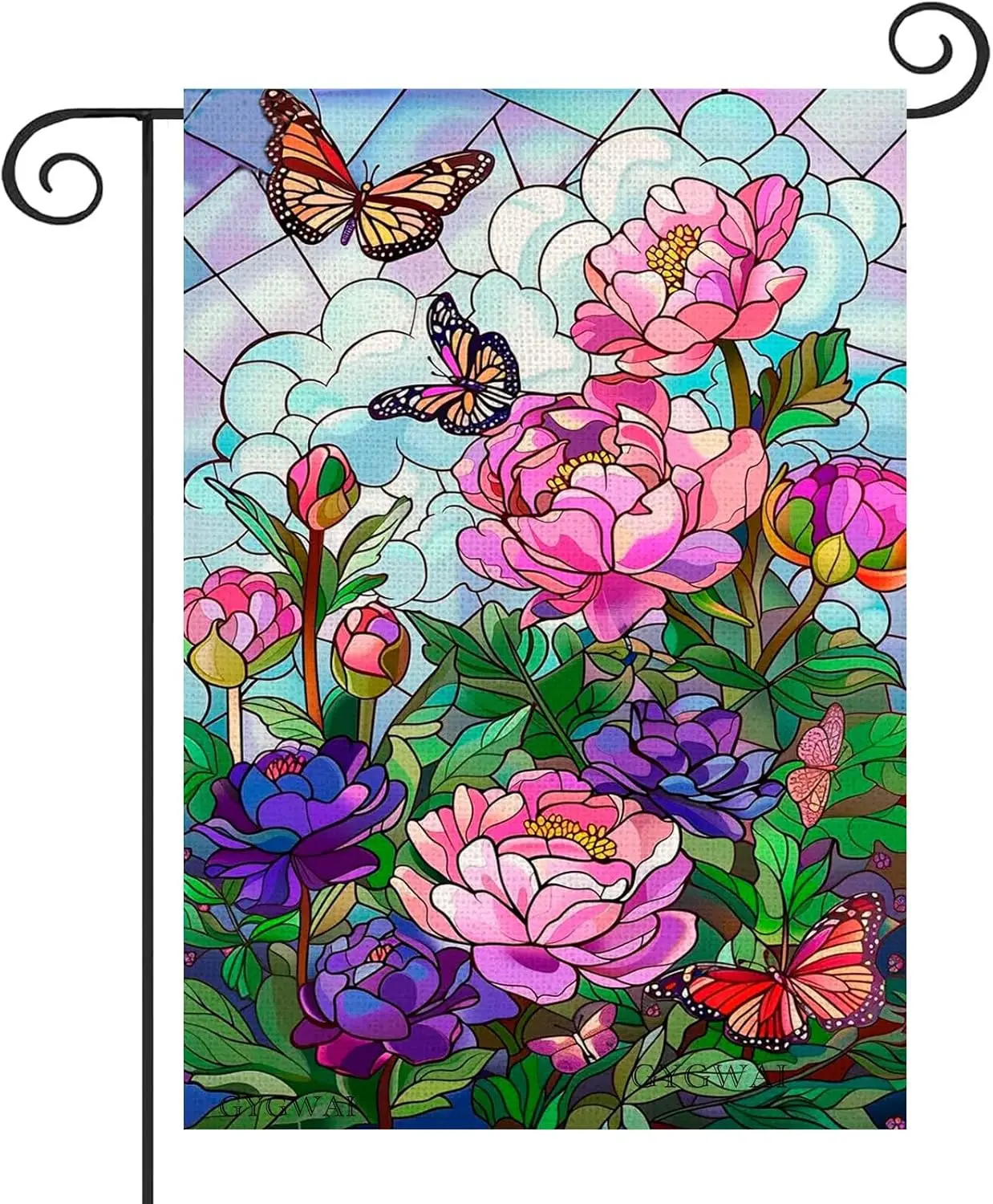 Spring Summer Stained Glass Garden Flag Peony Flowers Butterfly Seasonal Small Yard Flags for Outside 12x18 Double Sided Out yyi