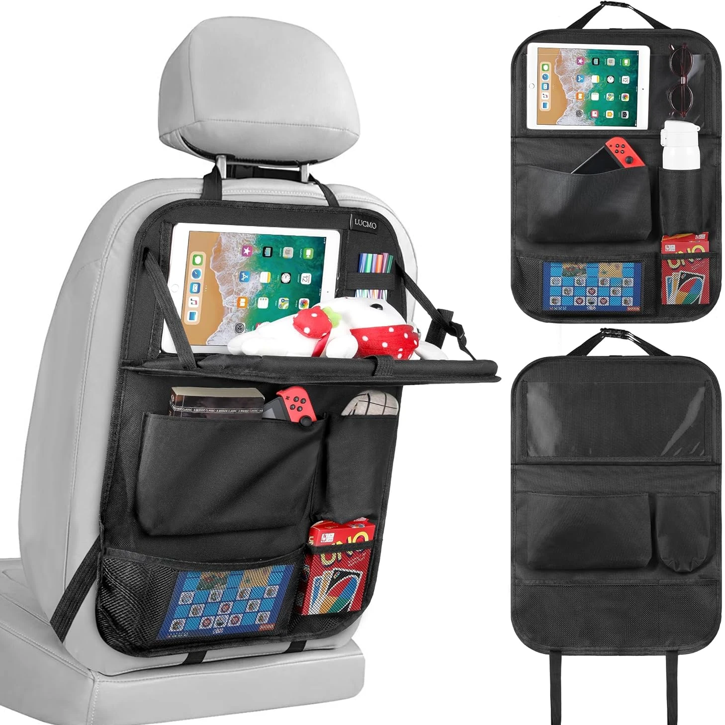 

Car Backseat Organizer with Tablet Holder,6 Storage Pockets with Foldable Food Tray,Car Seat Back Protectors Kick Mats