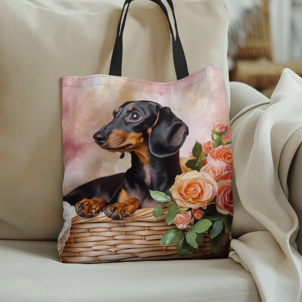 1pc Large Capacity Tote Bag Cute Dachshund Dog Face Floral Design Spacious Rectangular Grocery Bag For Women Men