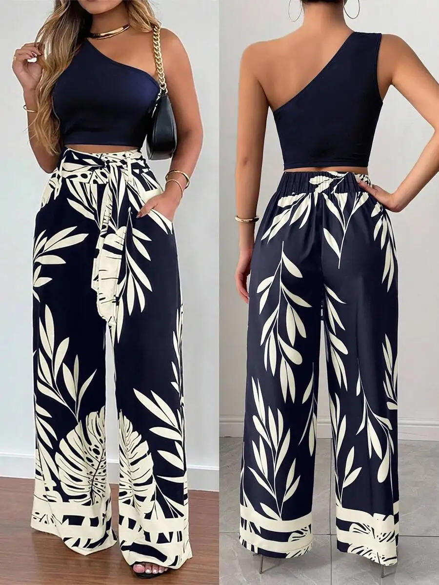 2피스 여성용 원숄더 크롭탑 & 와이드 레그 리프 프린트 팬츠 세트, 캐주얼 여름 의상