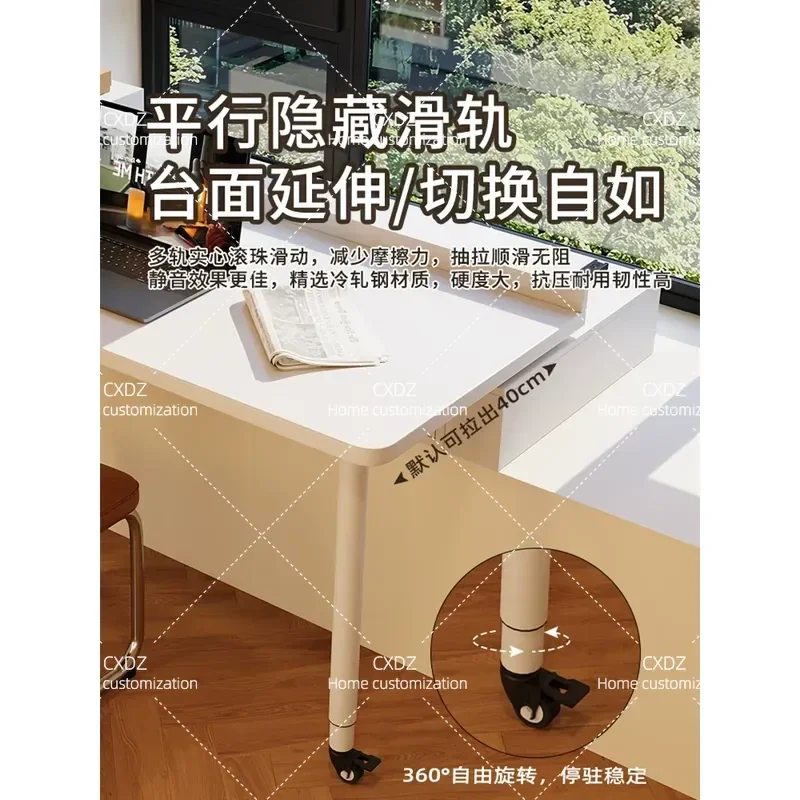 Solid Wood Bay Window Table with Sliding Desktop and Pulleys Small Desk with Drawers for Bedroom Balcony Study Computer