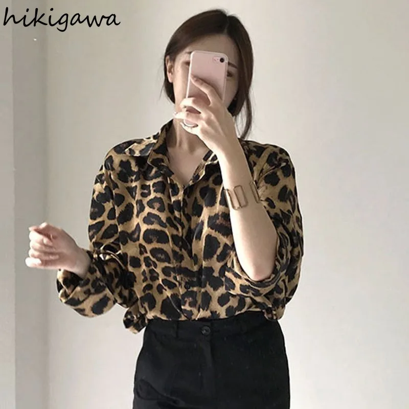 Retro Leopard Print Blouses Women Clothes Camisas De Mujer Long Sleeve Summer Korean Chic Shirts Casual Fashion Oversized Tops