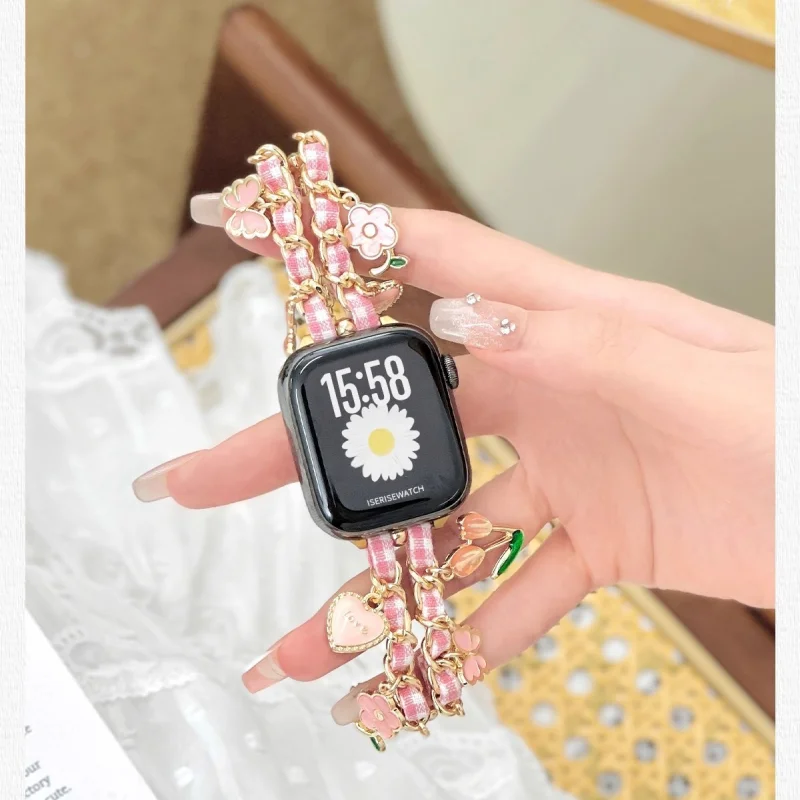 

Клетчатый ремешок с цветочным сердечком, совместимый с ремешком iWatch 38 мм, 40 мм, 41 мм, 42 мм, 44 мм, 45 мм, 49 мм, модный ремешок ручной работы