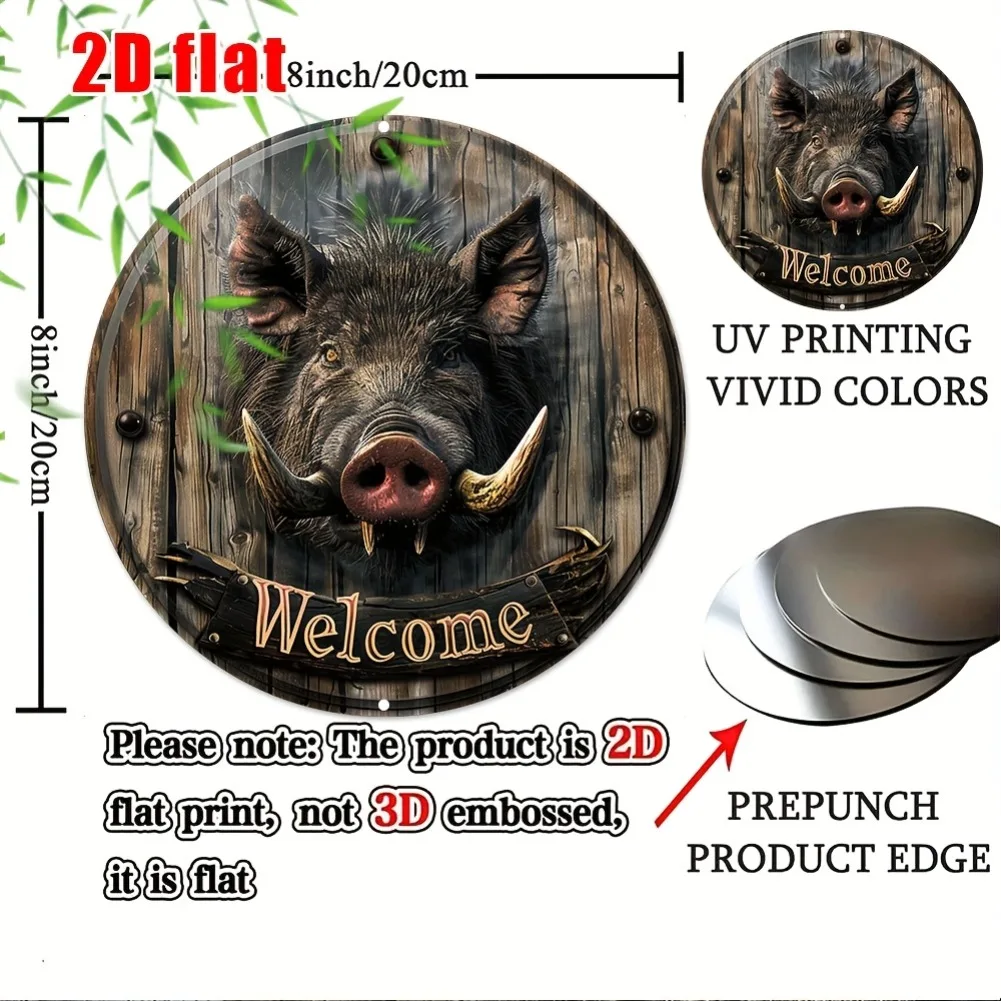 2D Flat Round Aluminum Wild Boar Welcome Plaque - 8x8