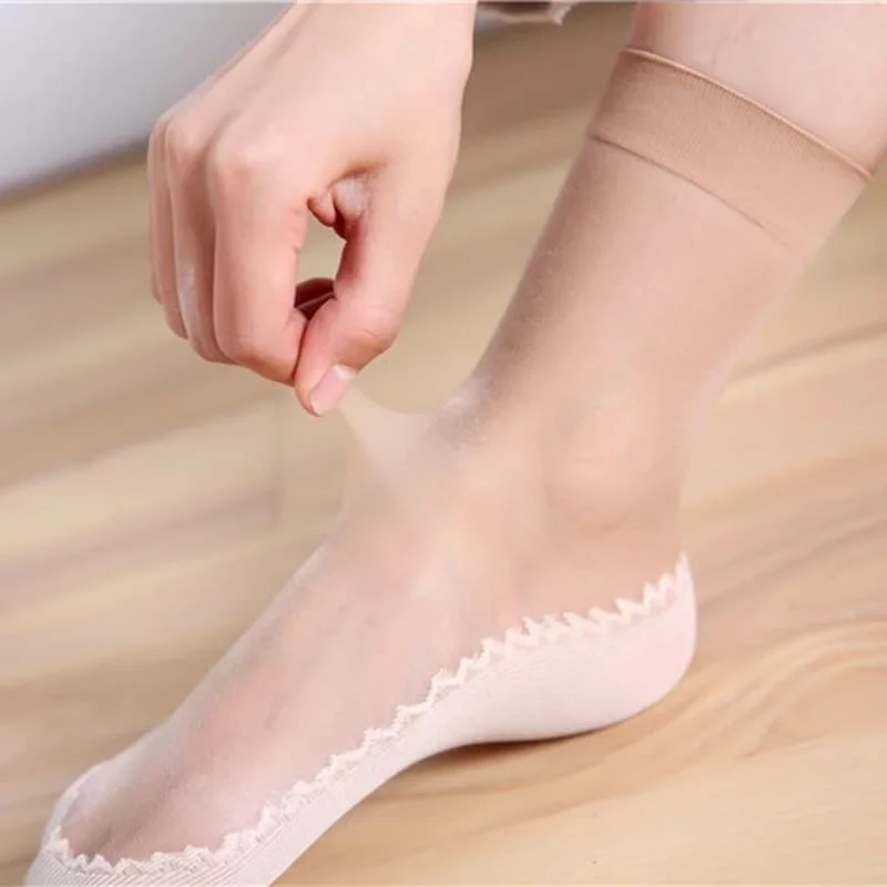 4 Pairs Spring Summer Women Soft Socks Casual Non-Slip Bottom Splice Fashion Transparent Ladies Girls Breathable Thin Silk Sock