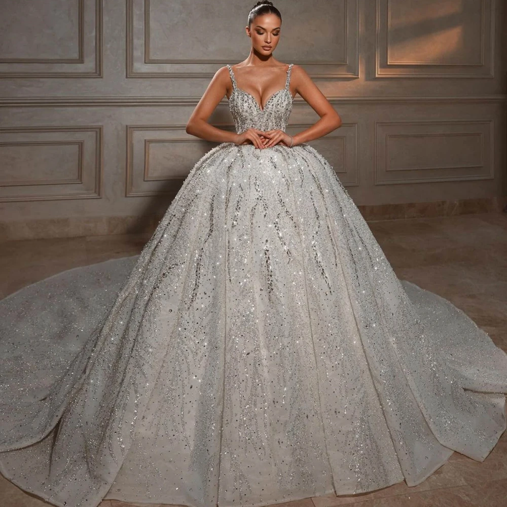 Robe de mariée en cristal perlé brillant, robe de Rhde princesse exquise, robe longue sexy pour les patients, robe de mariée à col en V profond