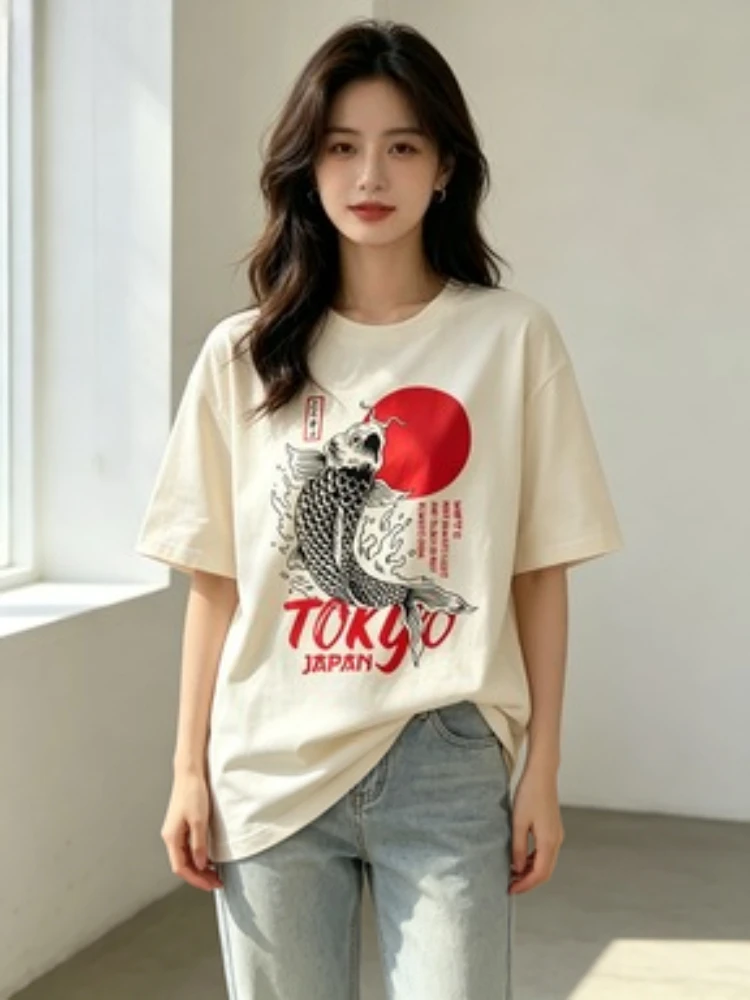 Tokyo Japan Koi Prints T-Shirts Womens Summer Tops Comfortable O-Neck Short Sleeve T Shirts Street Soft Clothes