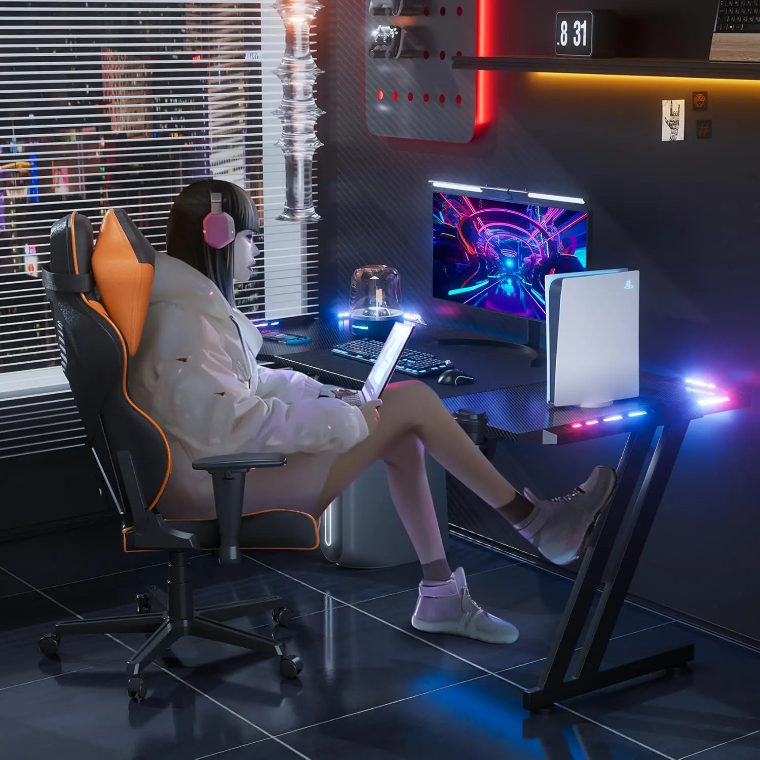 120 × 60cm LED Mesa Gaming, Escritorio Gaming de Fibra de Carbono Ergonómicas, Escritorio Gamer con Portavasos