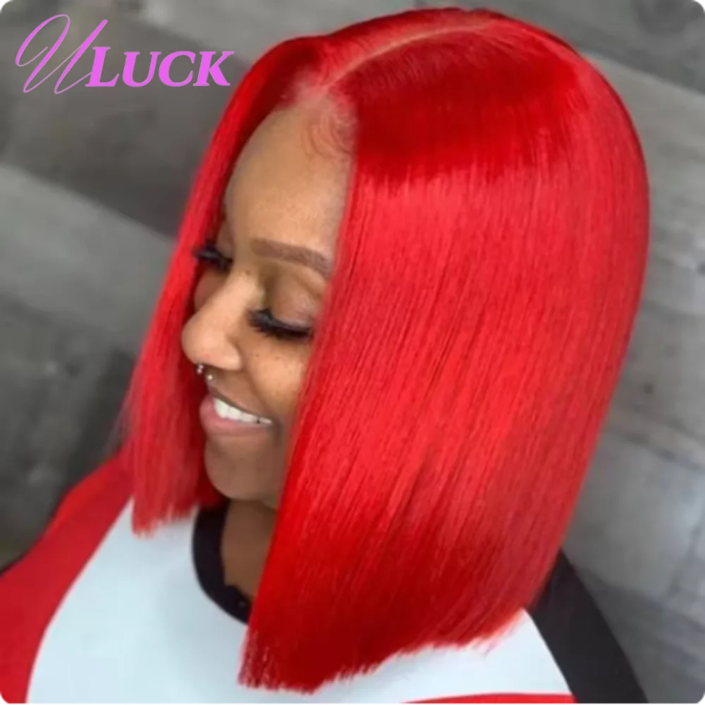 

Uluck Red Color Double Drawn Short Bone Straight Bob Wig 300% Density 2x6 Lace Frontal Wigs Real Human Hair Wigs For Black Women